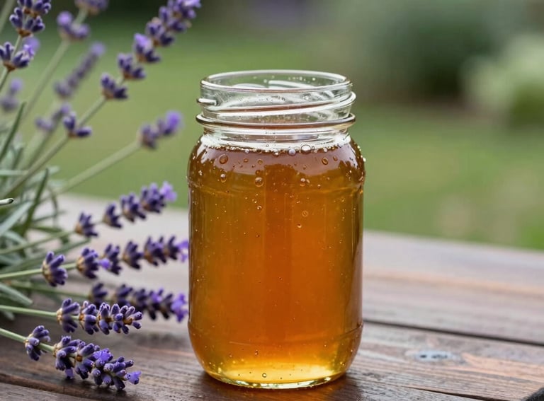 An elegant glass jar of amber honey standing on a dark wooden table outdoors in a North American / US garden with fresh wildflowers and lavender sprigs nearby.