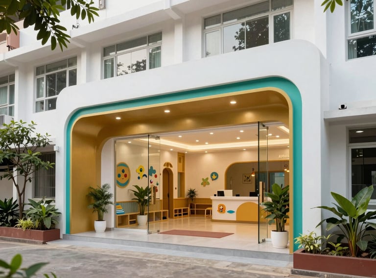The modern, inviting entrance of a South Asian child development center in Hyderabad. The architecture is clean and professional, with warm gold and teal accents, surrounded by greenery to create a welcoming and trustworthy atmosphere for families.