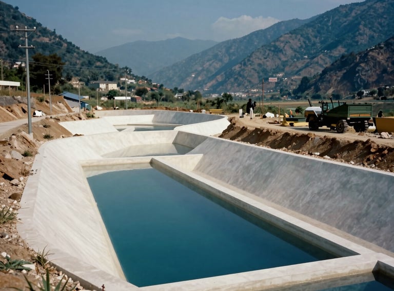 A scenic view of a clean water conservation project in a South Asian valley. The engineering is modern and integrated with the landscape. The atmosphere is calm, using colors like deep blue and soft off-white.
