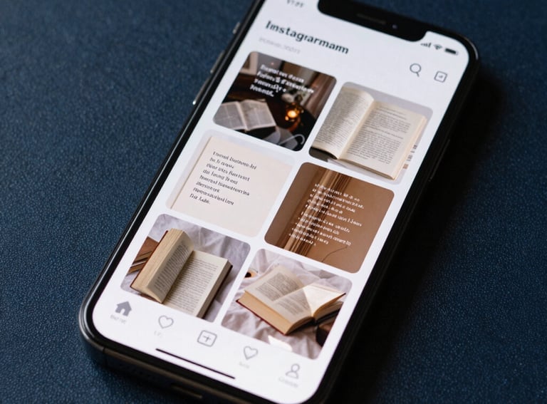 A close-up of a smartphone screen showing a stylishly curated Instagram feed of poetry and books, resting on a dark blue textured surface.