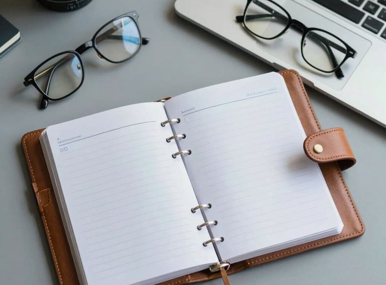 Top-down shot of a tidy desk with a leather-bound planner, a sleek laptop, and a pair of spectacles, South American / Latin American corporate aesthetic, light gray and muted blue tones.