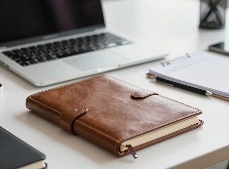 A close-up of a professional desk featuring a silver laptop and a leather-bound notebook in a bright, modern Florida office. North American / US.
