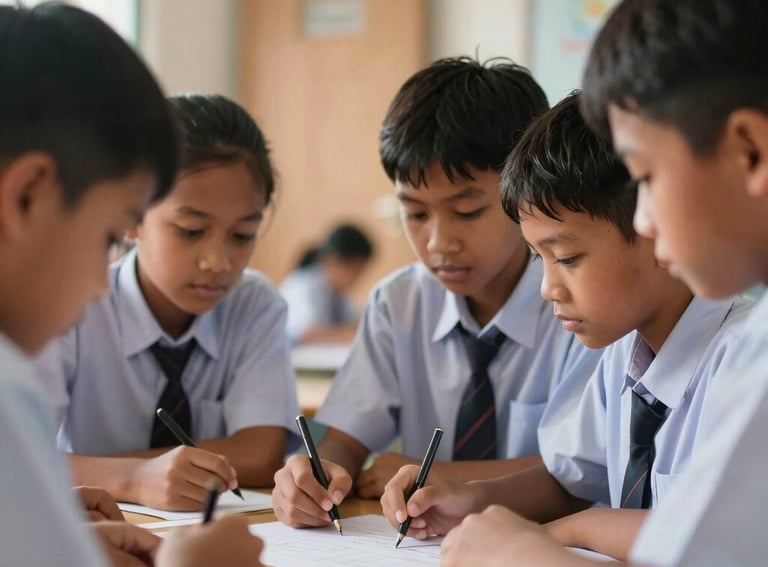 Close-up of Indonesian primary school students in uniform focusing on a group project, in a bright, modern classroom with wooden textures.