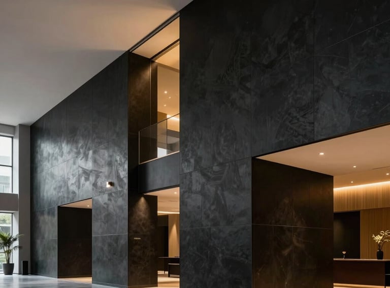 An ultra-modern minimalist South Asian / Indian cultural center lobby, charcoal black walls with recessed gold lighting, reflecting a premium and emotionally engaging atmosphere.