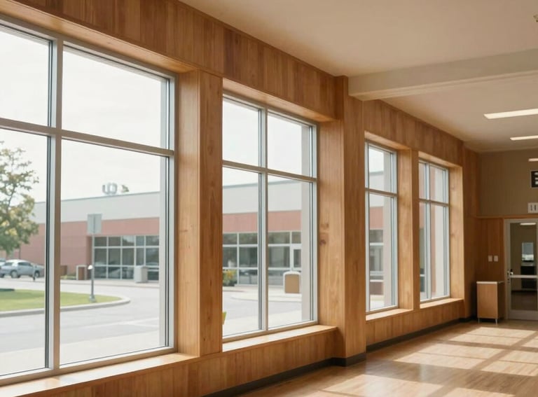 Clean, minimalist photography of a North American community center's atrium, showing bright windows and natural wood textures.