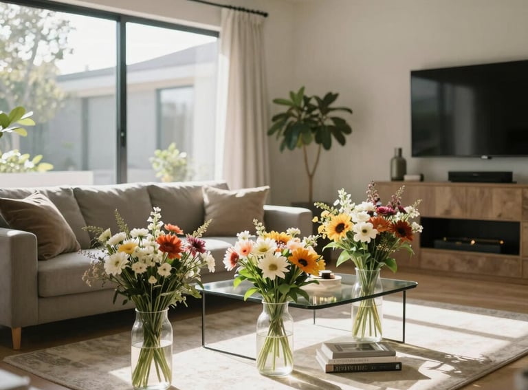 A high-resolution photography of a sun-filled modern living room in a North American home, decorated with several fresh bouquets in clean glass vases, peaceful atmosphere.