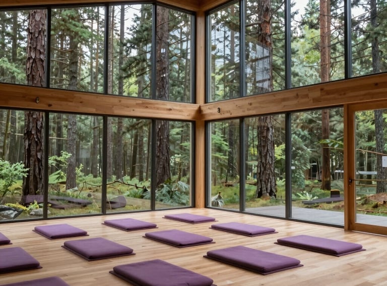 High-end architectural photography of a North American meditation hall. Wide windows reveal a pine forest, while the interior features light wood and soft purple cushions. The mood is sophisticated and enlightened.