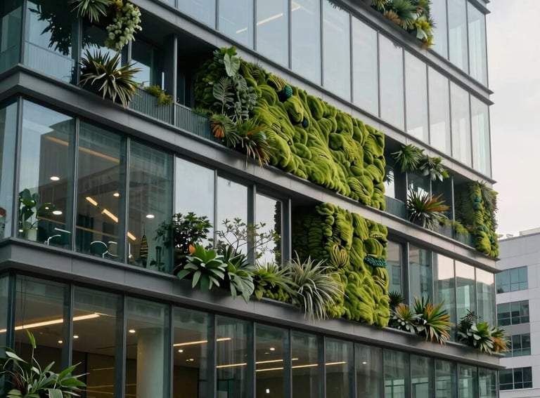 A modern North American office building designed with sustainable architecture, featuring glass walls and integrated greenery, soft moss green hues.