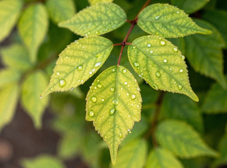 A close-up of sun-drenched green leaves with water droplets in a North Houston garden, vibrant spring colors, soft focus, photography.
