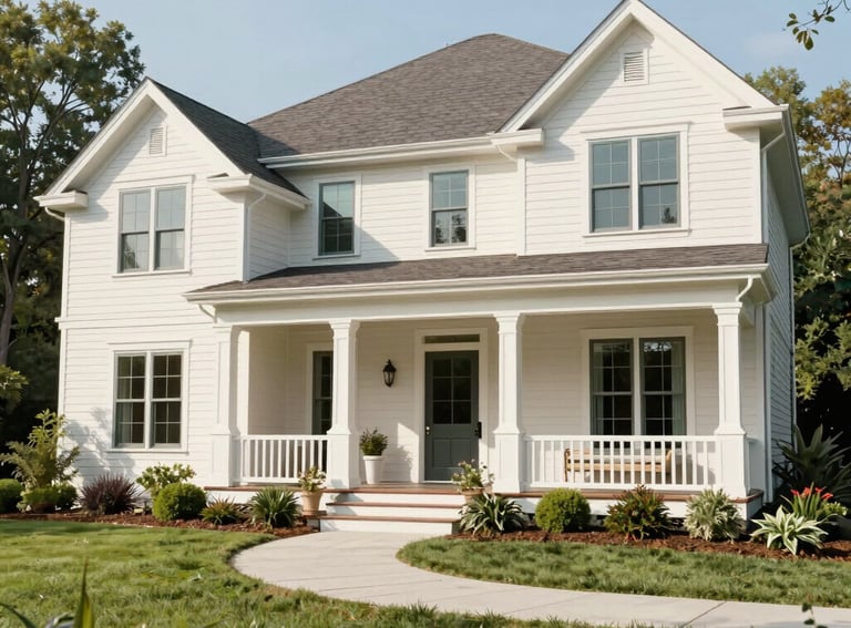 A serene, high-end North American residential ranch-style home exterior with a welcoming porch and beautifully manicured gardens, bright and airy lighting, sophisticated off-white and soft teal color palette.