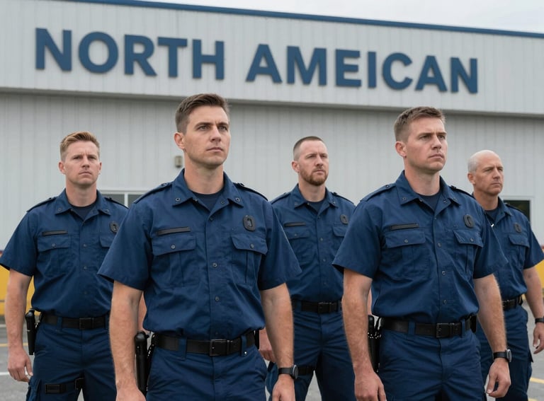 A professional North American response team standing in front of their facility in Issaquah, wearing medium blue uniforms, looking prepared and calm.