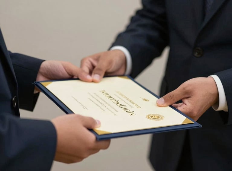 Close-up of hands passing a scholarship certificate to a young person in a formal North American ceremony, symbolizing opportunity and trust. Soft lighting with golden accents.