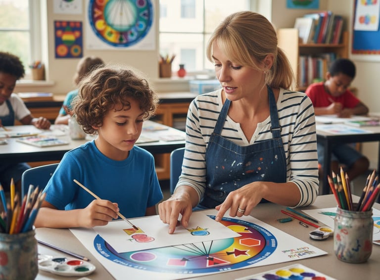An elementary art teacher helps a young student learn color theory using a color wheel and paints.