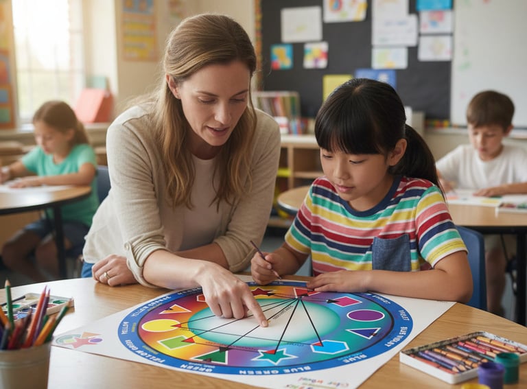 Art teacher helps a primary school student study a color wheel during a creative classroom lesson.