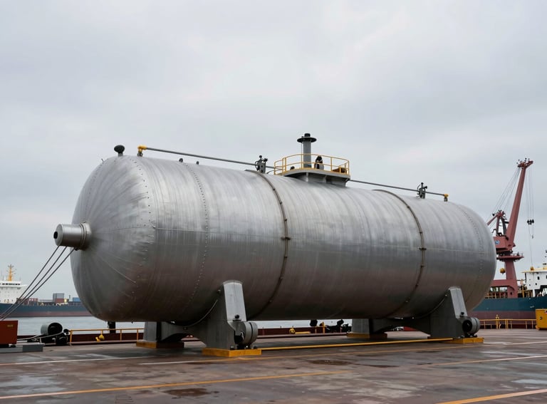 Wide-angle overcast daylight shot of a two-hundred-ton steel pressure vessel secured onto a cargo ship deck, heavy rigging lines, industrial port crane in background.