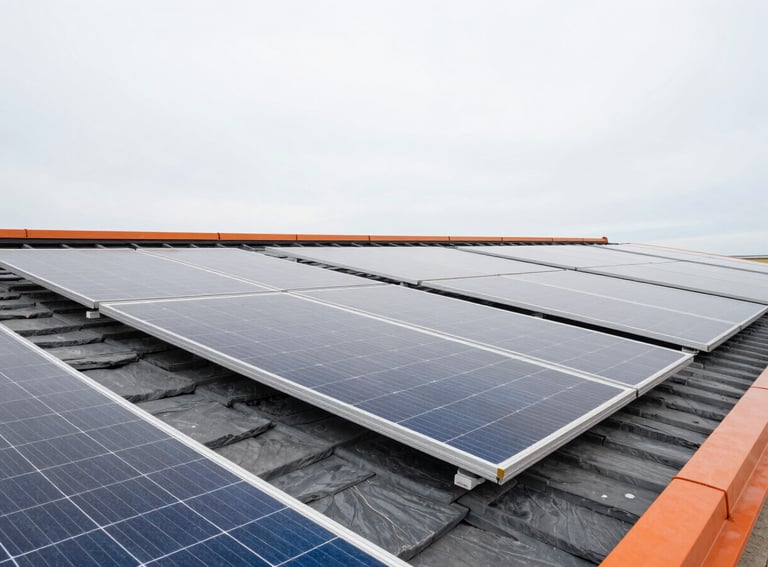 Wide angle view of clean, shiny solar panels on a modern roof reflecting a soft grey sky, high-contrast slate and orange tones