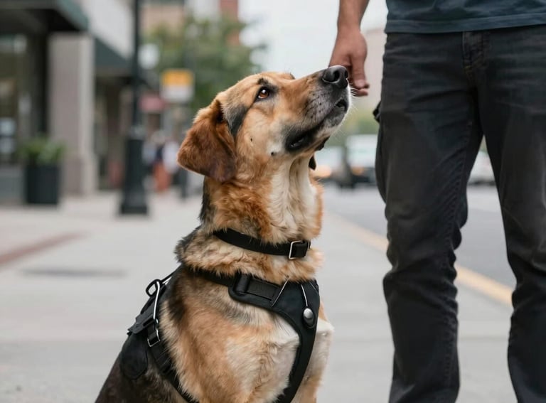 A service dog in a professional harness looking up at its handler with loyalty and focus in a North American urban environment.