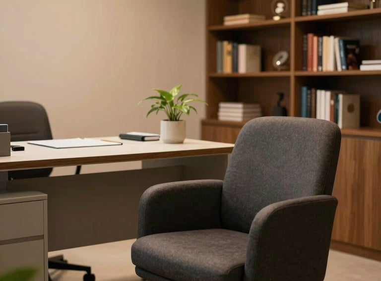A serene and professional clinical office in a South American style, featuring a comfortable dark gray armchair, a clean modern desk, and bookshelves, with soft amber lighting creating a safe and contemplative atmosphere.
