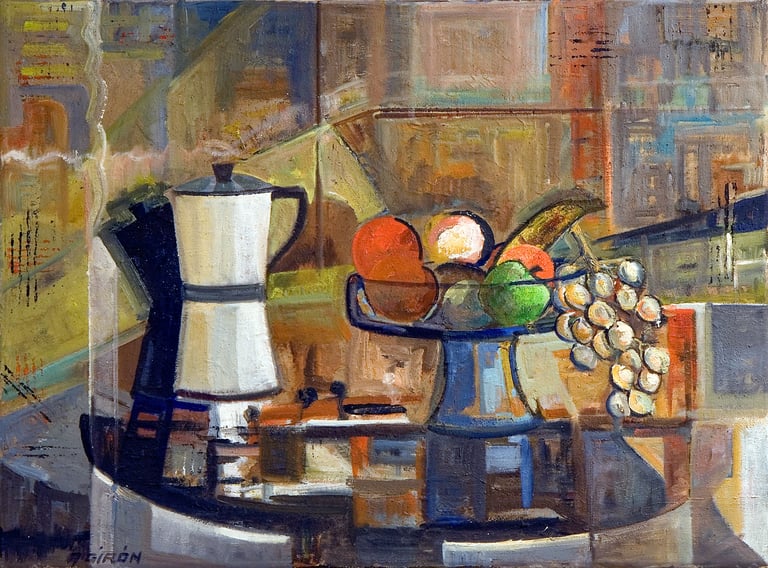 Cafetera blanca, óleo del artista pintor Argi Girón. Coffee maker fruits still life artist painter