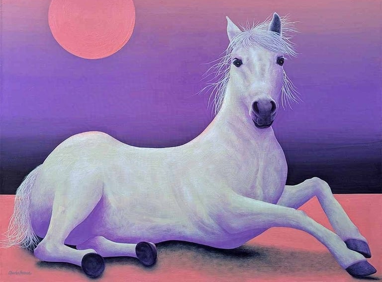 Acrylic painting of white horse sitting down