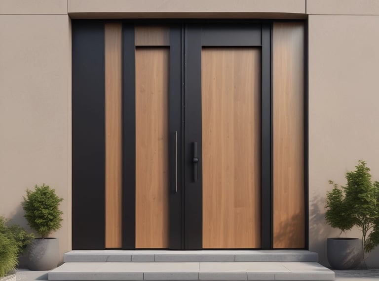 a modern front door with a wooden door and a planter