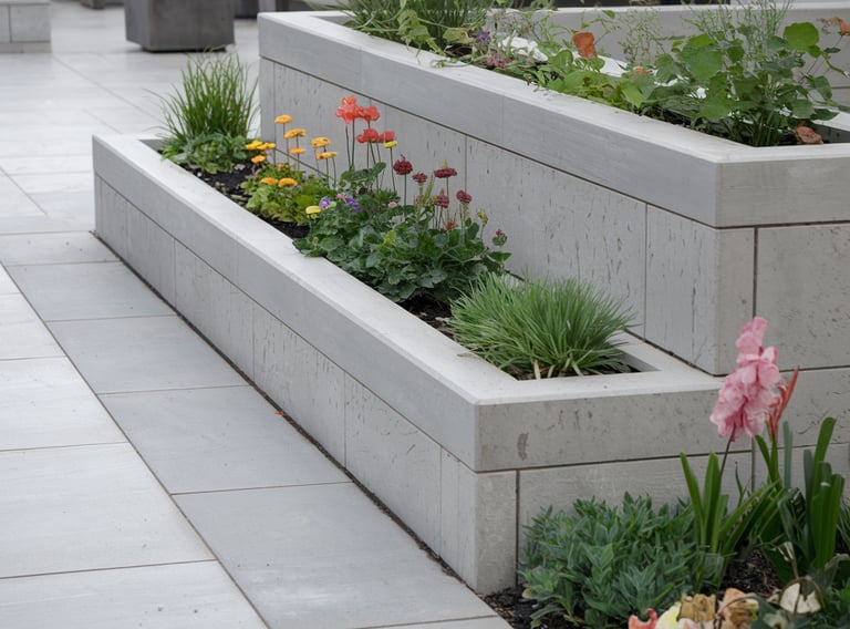 a garden with a bench and a bench in the middle of the ground