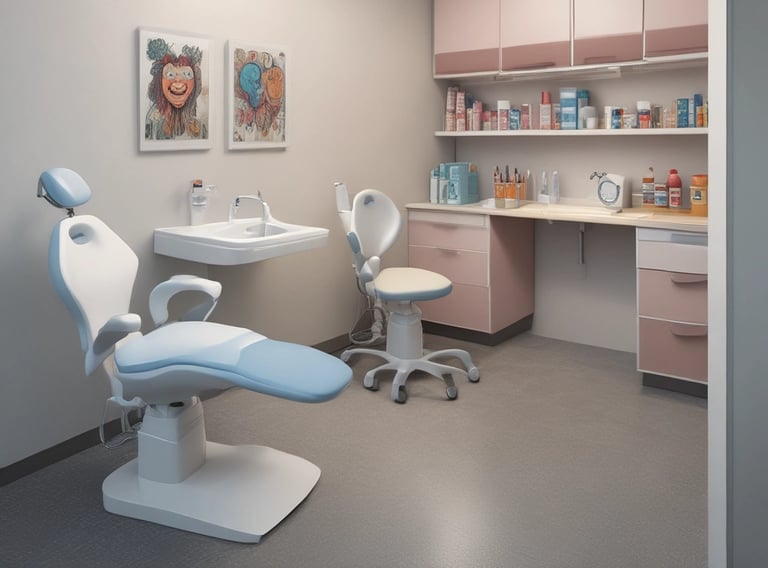 A friendly pediatric dentist smiling while gently examining a young child's teeth in a bright, welcoming dental office.