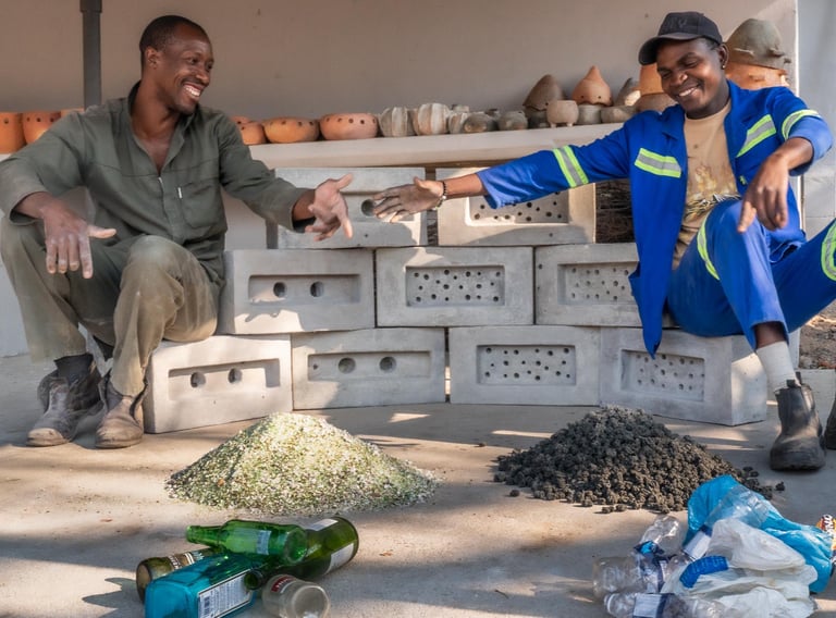 two men rejoicing after making bricks from upcycled plastic and glass