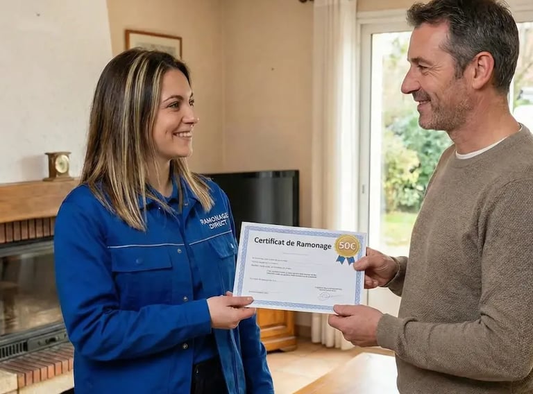 Femme ramoneur remettant le certificat de ramonage 50€ au client à Nantes Loire-Atlantique