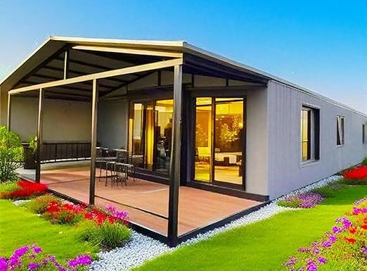 one story container house with flowers in front yard