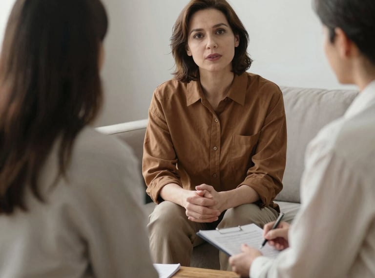 A caregiver and clinician seated at a kitchen table reviewing notes together, warm natural light through a window, relaxed posture, genuine conversation — no clipboards or lab coats