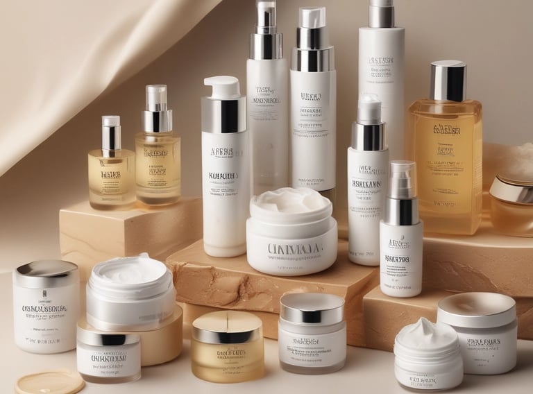 A collection of luxury beauty products, including a tube of pink lipstick, a small bottle of perfume, and a tube of lotion, all from the brand Givenchy. They are arranged on a soft, white surface that contrasts with the sleek, metallic and pastel packaging.