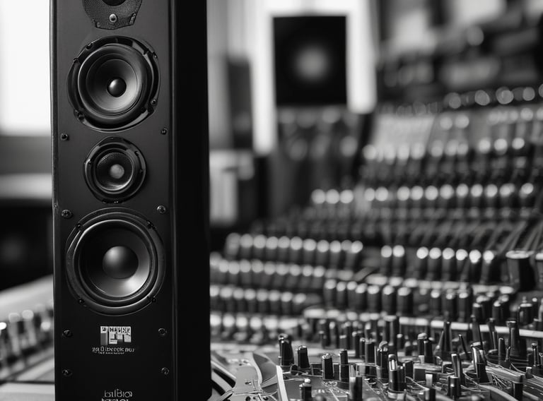 a sound system in a recording studio with a large monitor and a microphone