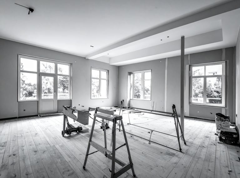 a room with a lot of tools and workstations set up for refurbishment