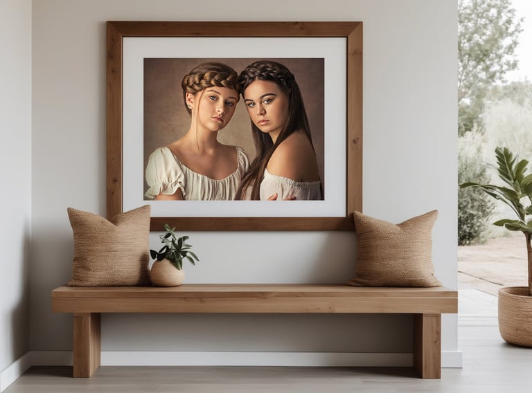A beautifully designed living space with custom family portrait artwork hanging on the feature wall.