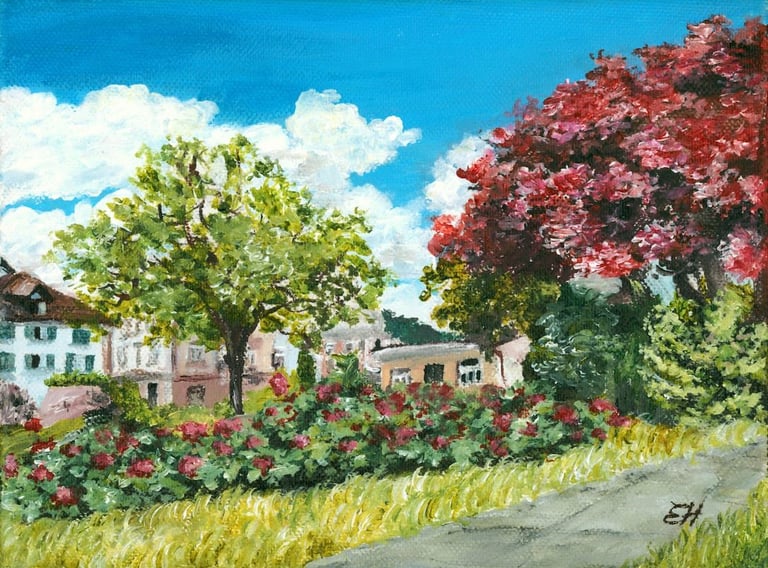 a painting of a neighborhood surrounded by colorful trees and roses