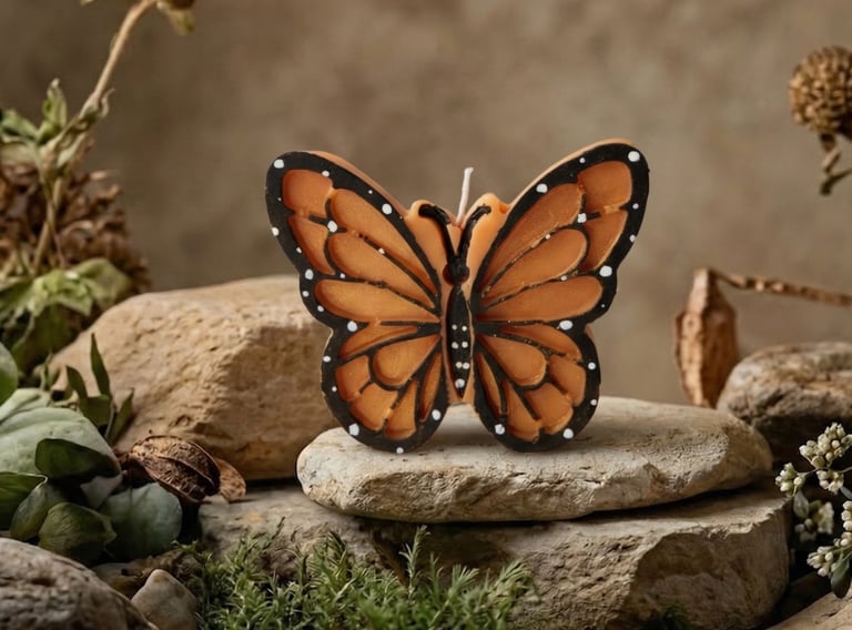 Handcrafted monarch butterfly shaped candle resting on natural stones with moss and dried flowers.