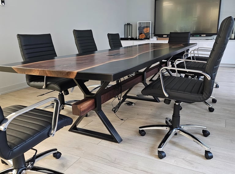 12ft x 3.5ft black walnut epoxy conference table — full view