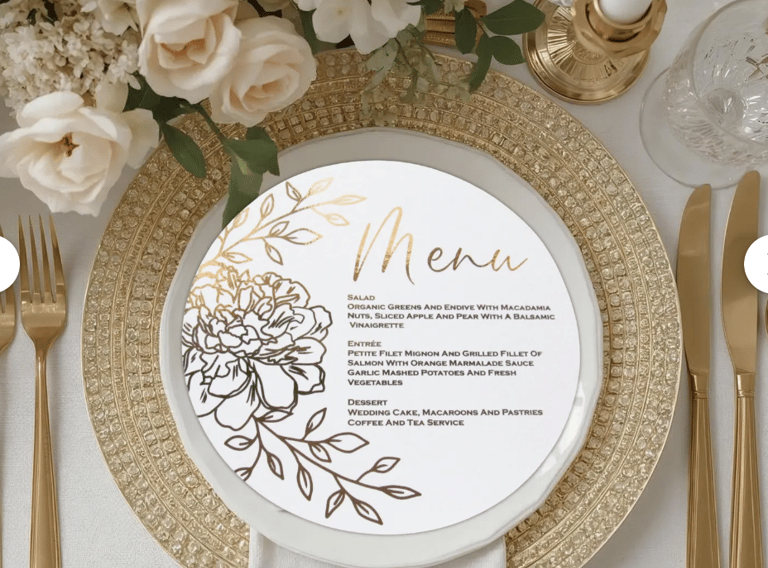 a table setting with a menu card and gold cutlery; reception charger plates; event rentals