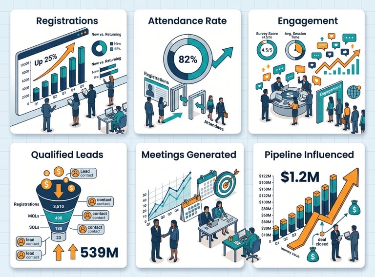 Dashboard showing event KPIs including registrations, engagement, leads, meetings, and ROI.