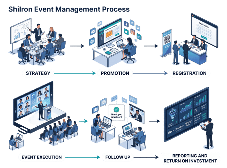 Event marketing workflow from strategy and promotion to execution, follow-up, and ROI.