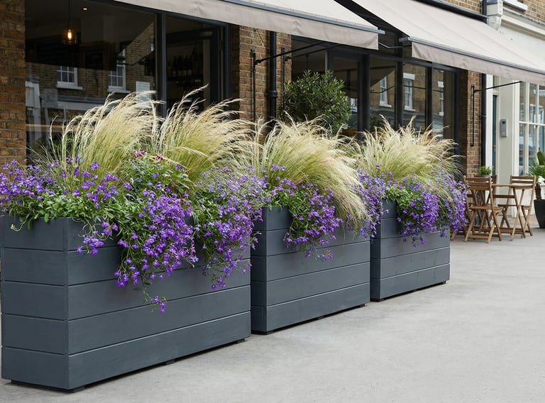 restaurant planter on wheels shallow bottom WOODEN OUTDOOR PLANTER GARDEN SOLID WOOD HANDMADE UK LONDON THROUGH tall large