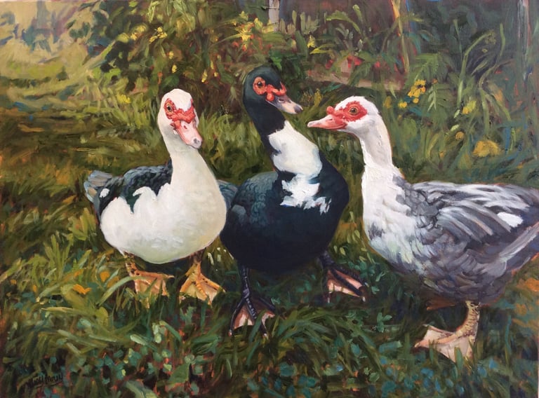 Three Muscovies - Painting by Mary Morey
