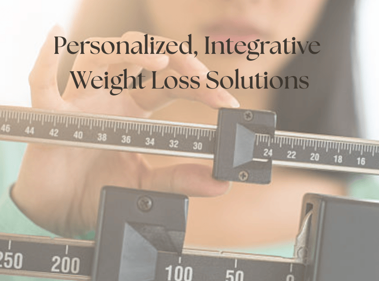 a woman checking her weight on a scale, text says personalized, integrative weight loss solutions.