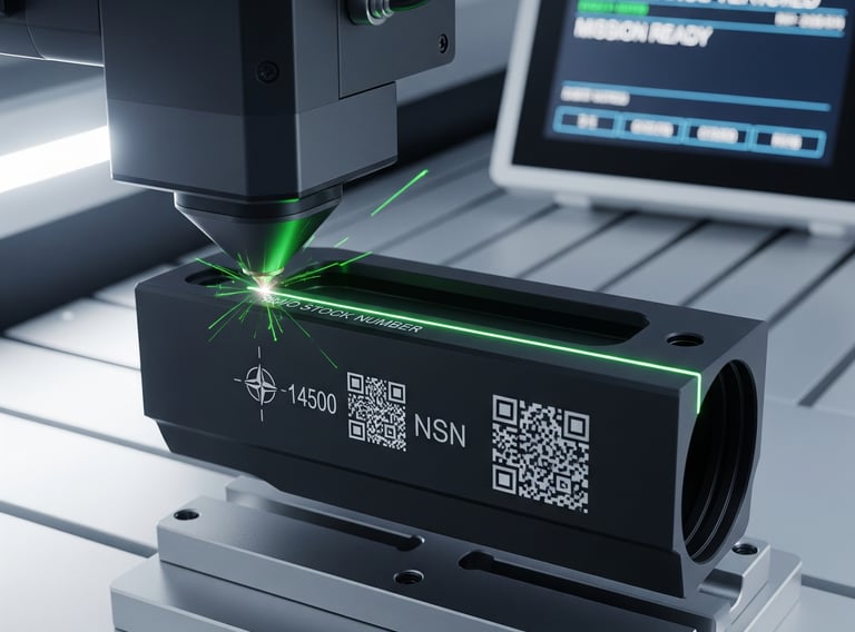 A fiber laser engraving a defense-grade metal part