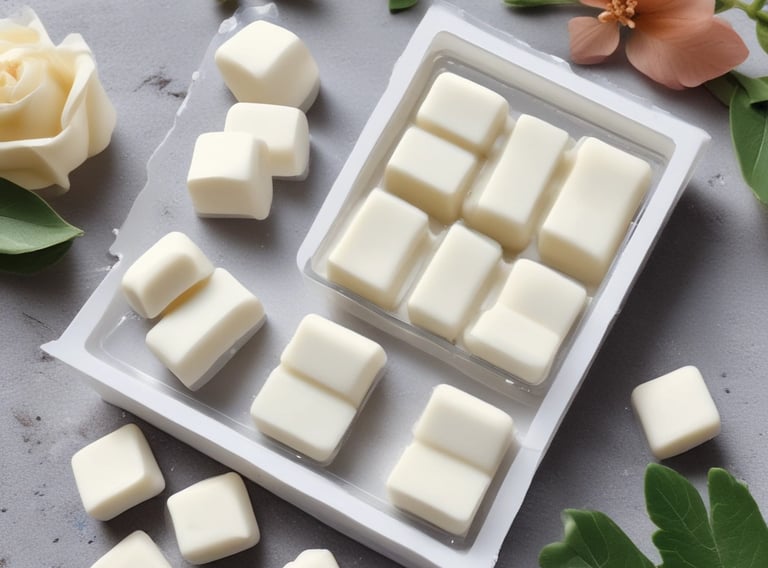An assortment of handcrafted soaps and bath products arranged on a table. The display includes a cupcake-shaped soap, various small soaps shaped like animals and objects, and bath products in bottles and containers. A decorative setup with a mix of colors and textures is visible, highlighted by a large pink flower and packaging materials.