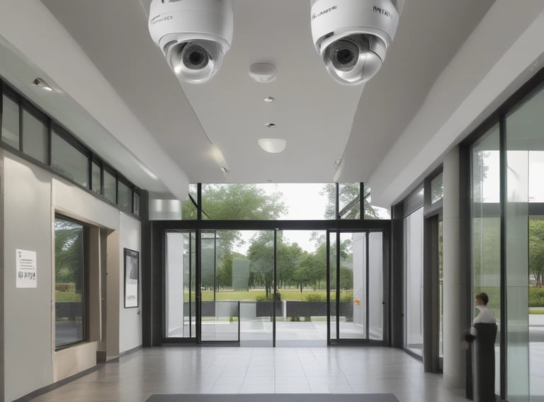 A room with a tiled ceiling and fluorescent lighting contains various electronic and office equipment. On the left, there's a wooden desk with a black server cabinet next to it. In the center of the room, a rack of network cables is visible, organized into a larger unit. To the right, a filing cabinet is mounted on the wall, with a printer/copier machine near the foreground. The walls are plain and the floor is covered in white tiles.