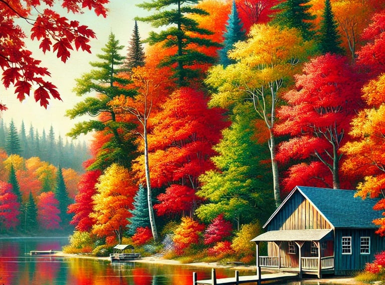 Cena vibrante de outono na Nova Inglaterra com árvores exibindo folhagem colorida em tons de vermelh