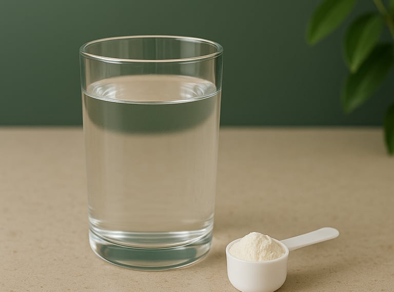 glass of water and creatine scoop, showing clean and simple women’s wellness setup