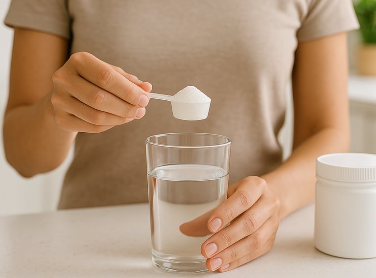 Woman mixing creatine supplement into a glass of water on bright kitchen counter for daily wellness